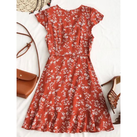 Floral Ruffle Mini Wrap Dress in Chestnut Red - Picture 3 of 3
